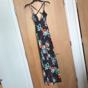 Black floral maxi dress, criss cross back XS